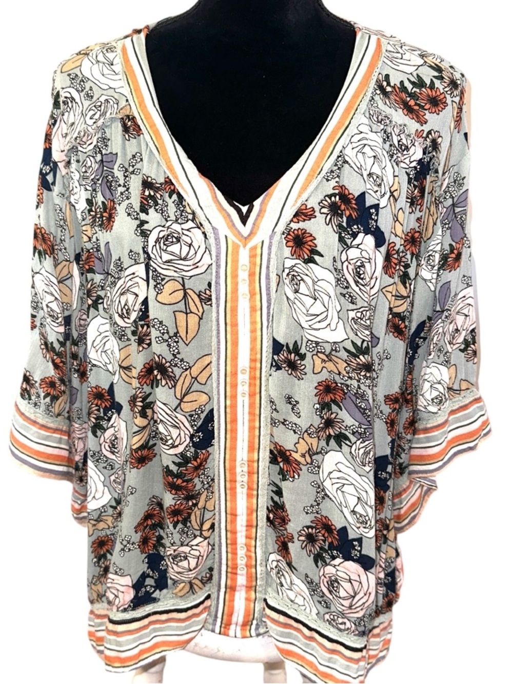 Democracy Size Lg Floral V-Neck Tunic Top 3/4 Wide Sleeve Gray and Orange